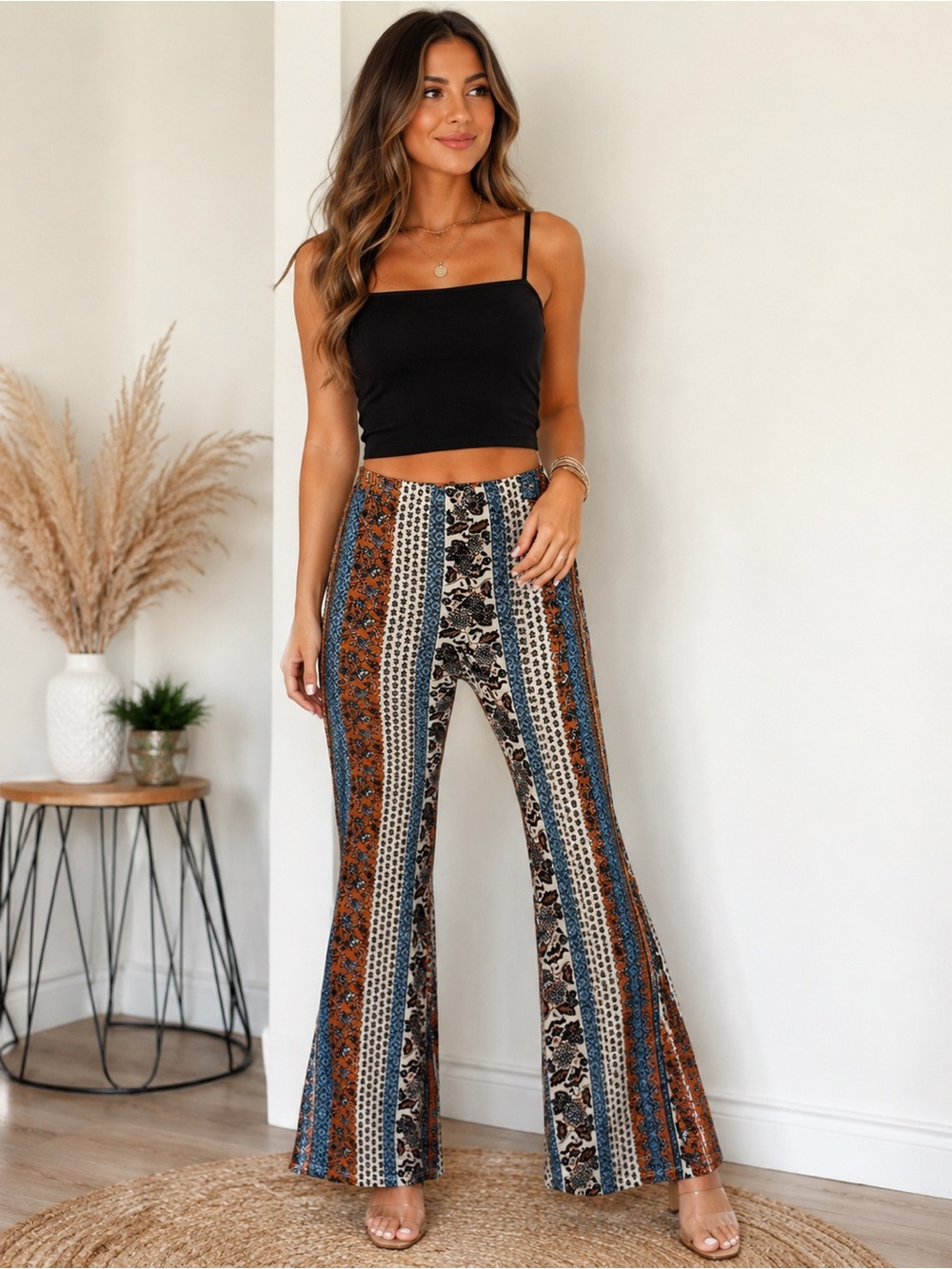 Windsor Boho Flare Pants Size Small Striped Floral Wide Leg Stretch Festival